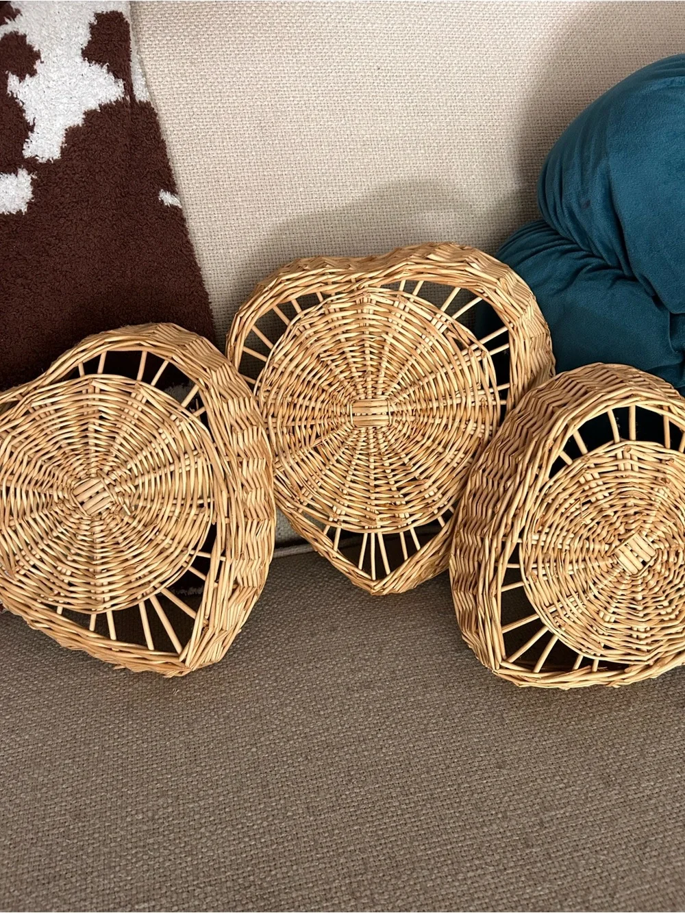 Natural Woven Heart Nesting Basket Trio - Light Brown Boho Home Decor